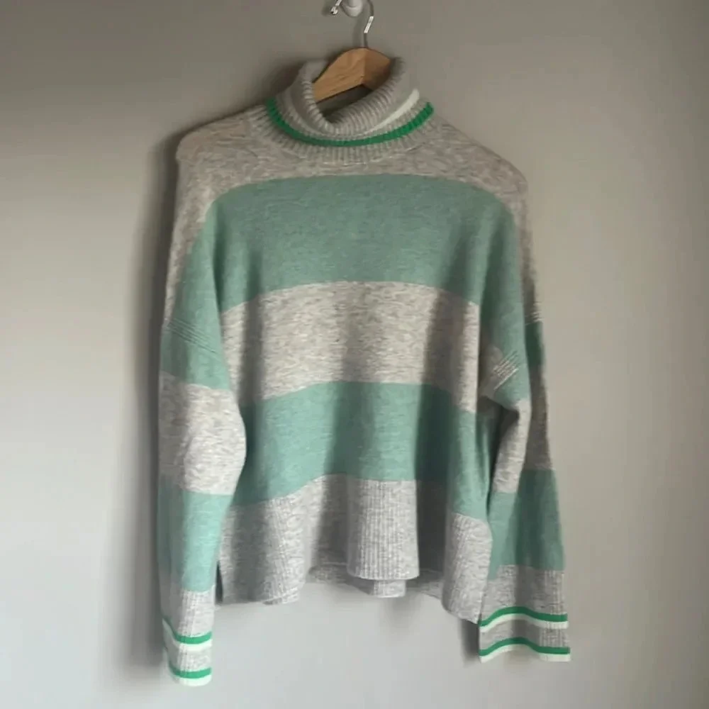 NWT J. Crew Striped Turtleneck Sweater Supersoft Yarn Gray/Blue